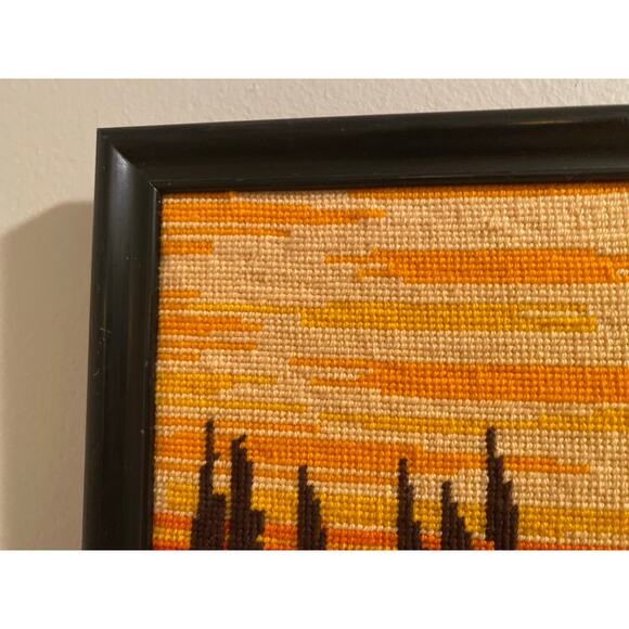 Vintage Framed Needlepoint Art 70s Handmade Oblong yellow Orange Coastal Water - Picture 4 of 5